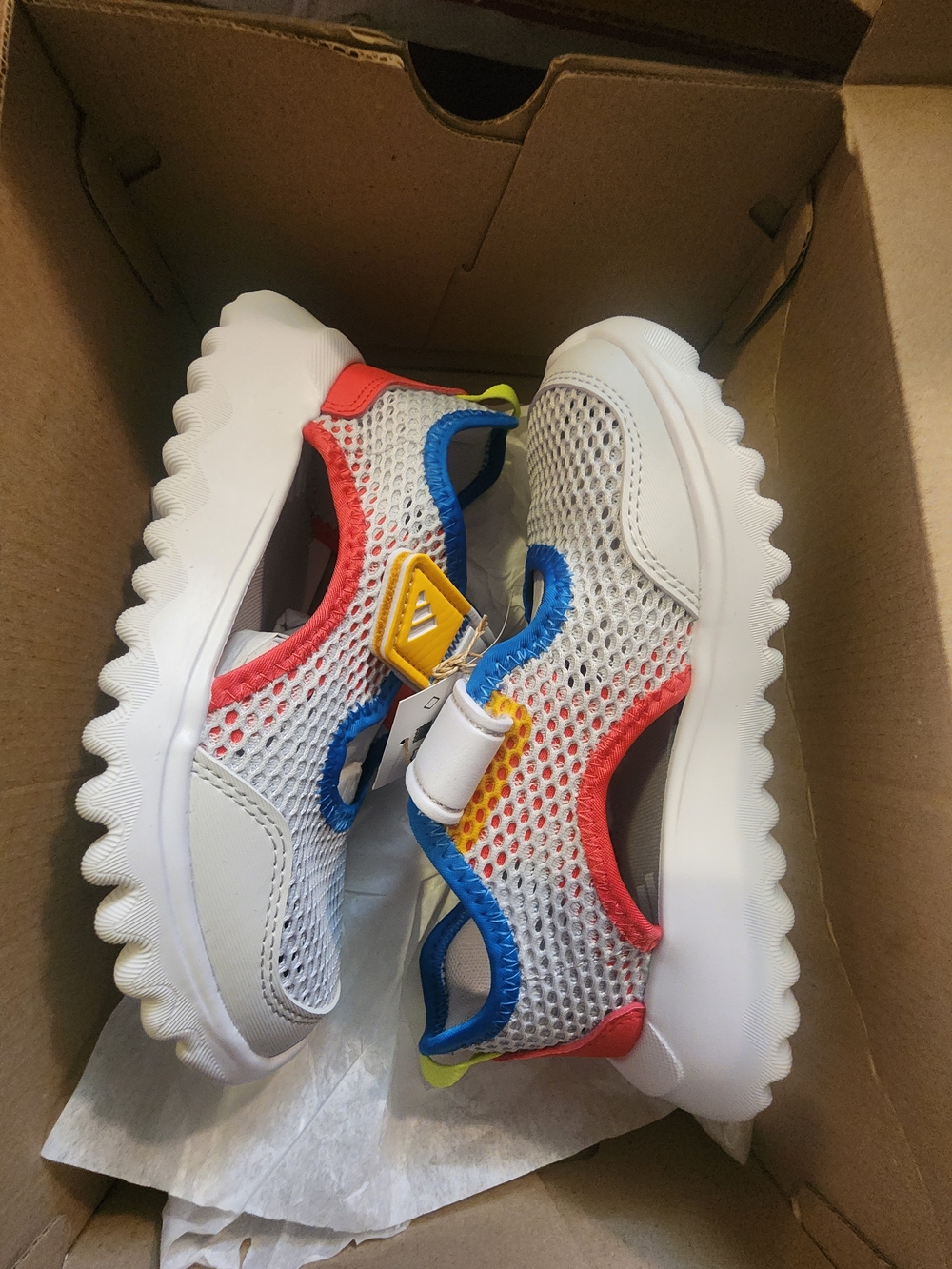 adidas Summerflex Kids White Mesh Sneakers with Blue Trim and Yellow Heel Sz. 1 - Picture 4 of 9